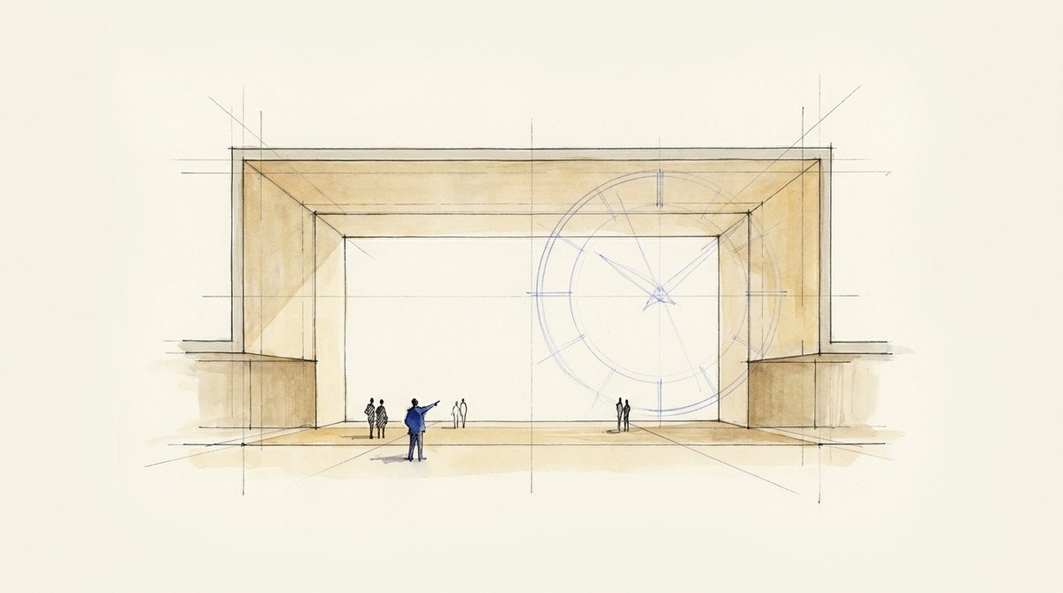 Freed time doesn't point itself anywhere Draftsman's sketch of an empty archway with a large compass-like clock face behind it, one figure pointing into the open space while others stand still