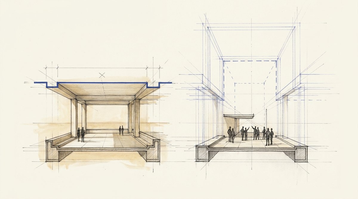 A team's real ceiling, known versus unmeasured Draftsman's sketch of two identical pavilions side by side: the left fully rendered with a low, defined ceiling, the right open above into unfinished construction lines with figures reaching upward