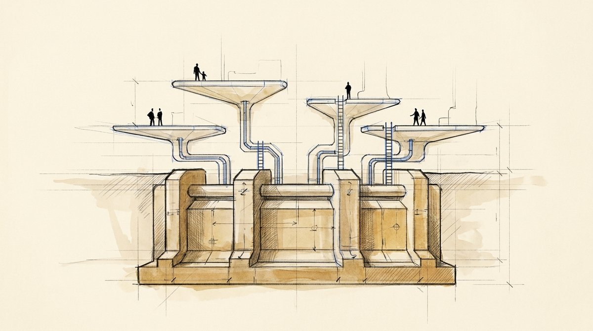 Cutaway of raised platforms with people, each fed by pipes descending into a buried underground foundation