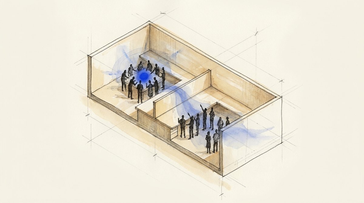 Cutaway floor plan of two rooms; a glowing point draws a gathering crowd, with people from the next room looking in