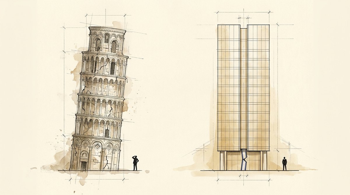 Polished output can hide the broken part Two tower drawings: a cracked leaning tower beside a sleek straight tower with one broken column at its base.