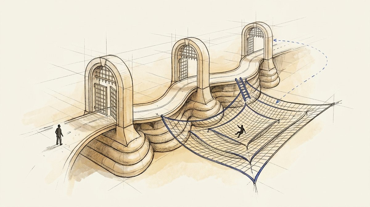 Checks on the path, a net underneath Drawing of a raised walkway through three arched checkpoints, with a rope safety net and ladder drawn in blue.