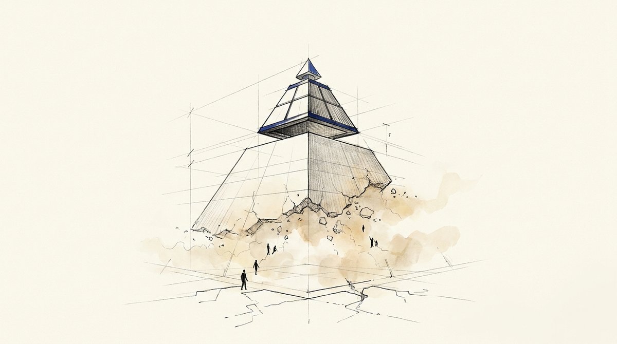 The pyramid loses the hours it was built on Drawing of a pyramid with a finished cobalt-edged apex floating above a base crumbling into sketch lines, tiny figures below.