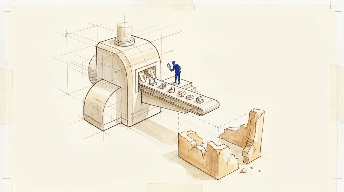 Validation is the license to over-deliver Drawing of a machine feeding shapes down a belt, a blue figure inspecting them, a broken structure past the belt's end.