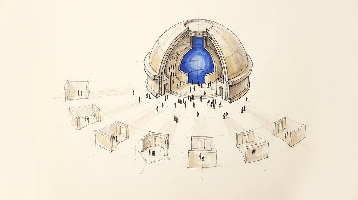 Drawing of scattered small rooms with paths converging on one domed hall with a cobalt core, tiny figures walking toward it.