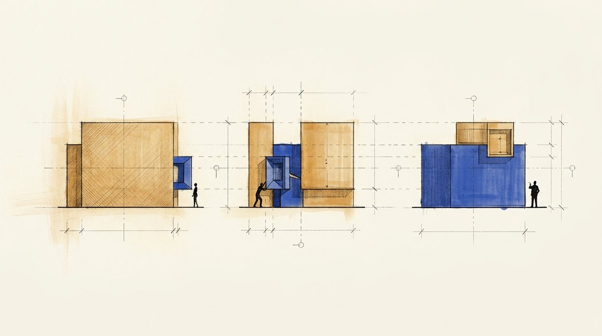 Three elevation sketches of the same building, the cobalt portion growing from a small window to most of the structure.