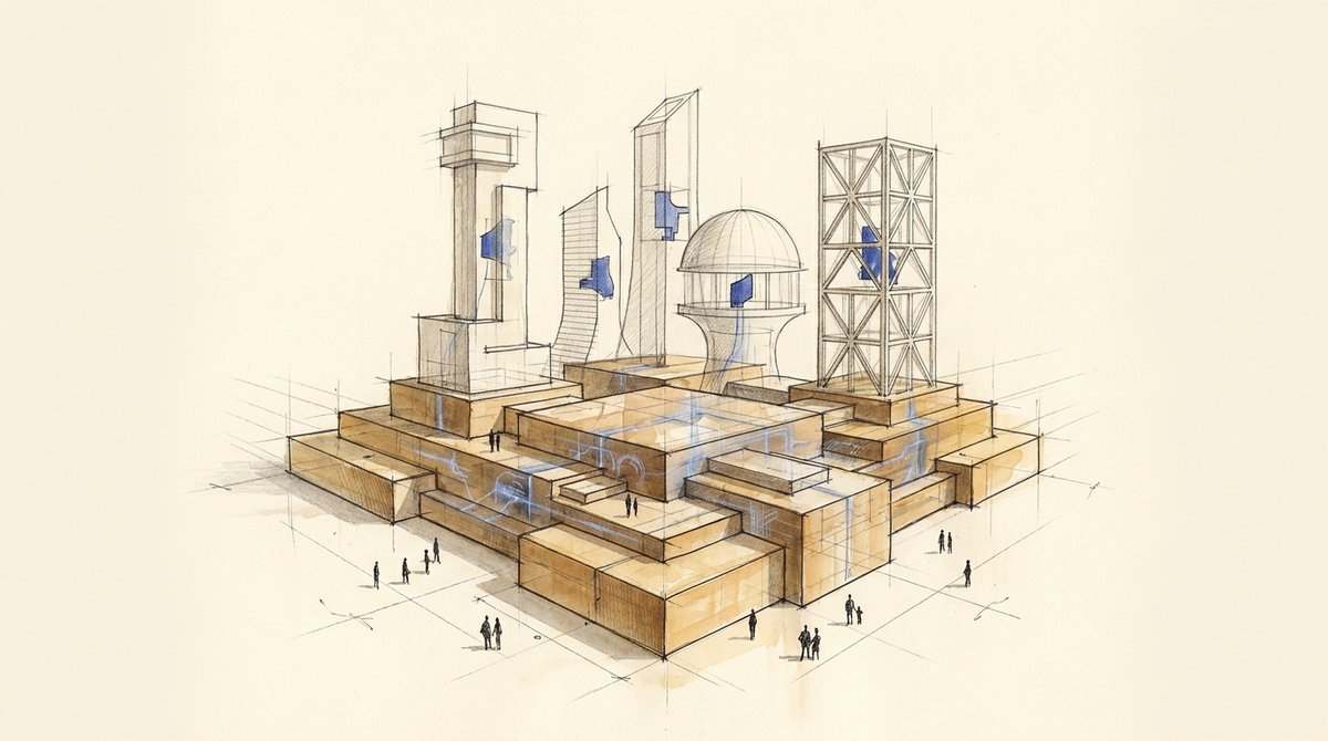 A rendered stone foundation platform, four unbuilt towers rising from it in construction lines with cobalt veins running up.