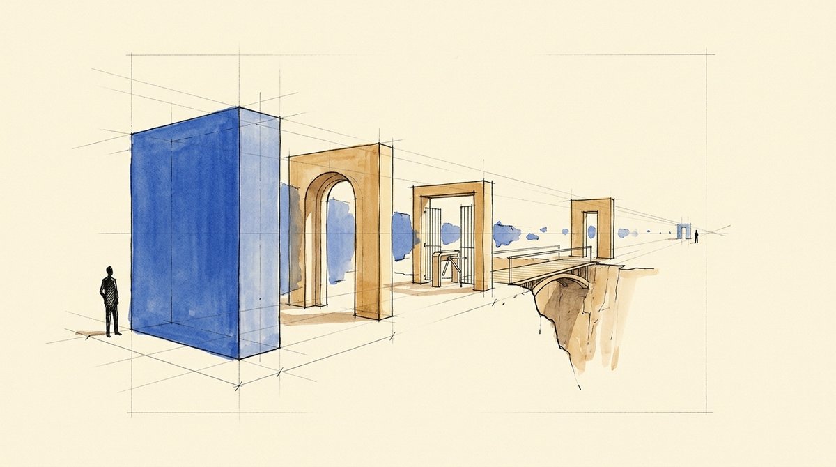 Drawing of a large blue block shrinking as it passes through a row of gates and a bridge, ending as a small block far away