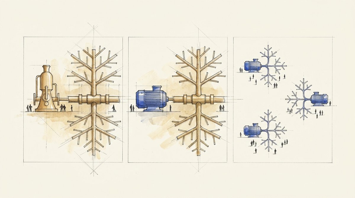 Three-panel drawing: a steam engine on a central branching shaft, an electric motor on the same shaft, then small motors spread out