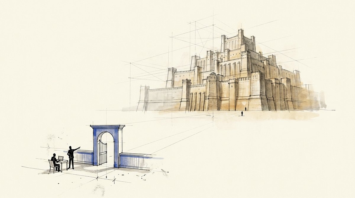 The moment a policy has to win Sketch of a huge distant fortress and, nearer, a low wall with one small blue gate where a person works at a desk