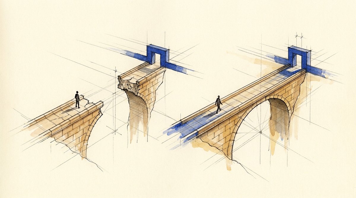 Agents erase the review gap Two stone bridges: one broken mid-span with a figure stopped at the gap, one continuous with a figure already across