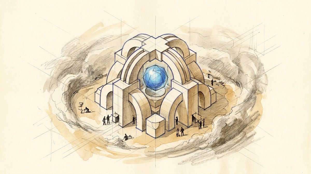 Drawing of a vaulted stone structure sheltering a faceted blue sphere at its center, with a storm sketched around it.