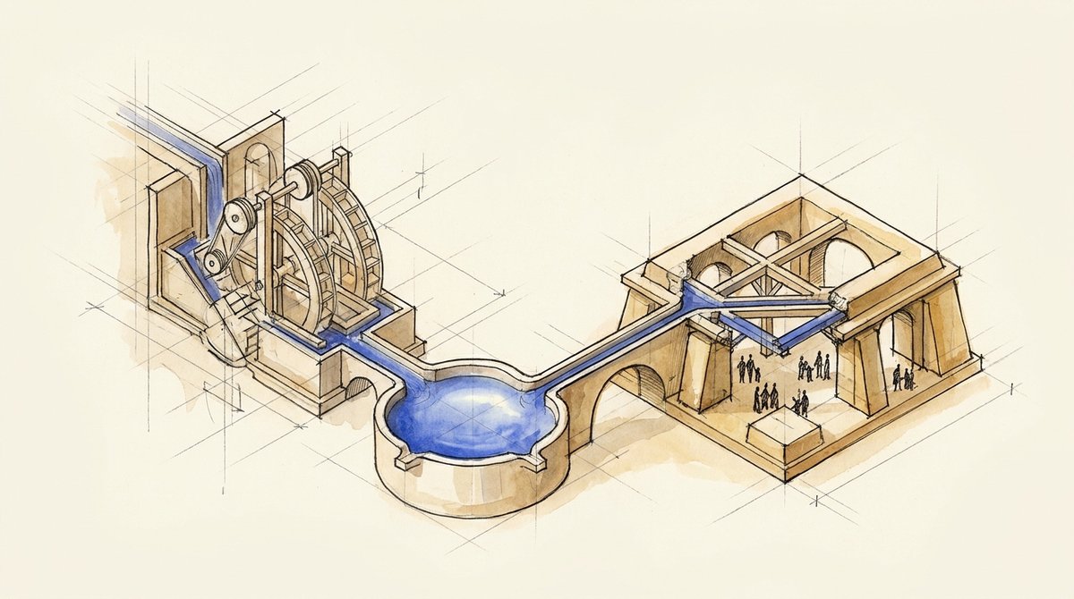 Drawing of a water wheel feeding a blue channel that flows through a basin into a hall where small figures gather.