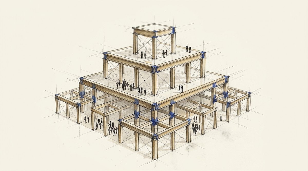The output band your org chart assumes Isometric sketch of a stepped pyramid structure with small figures working on each tier and its joints marked in blue