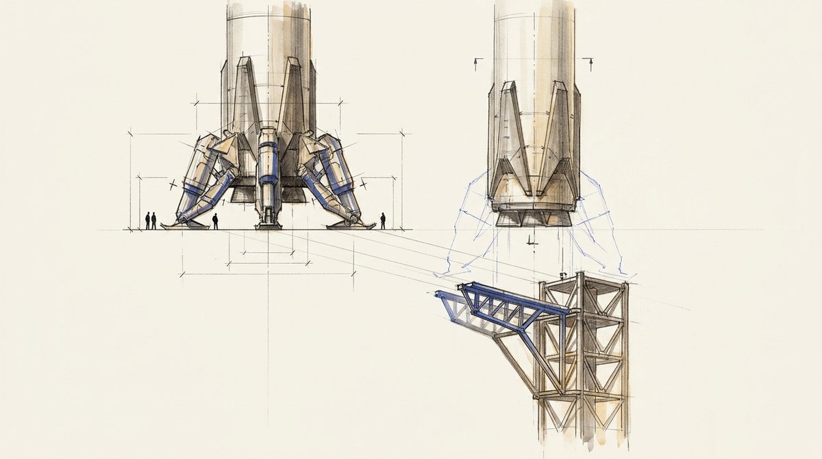 Delete the step instead of improving it Two rocket boosters drawn side by side: one standing on landing legs, one legless held by a tower arm, the legs in blue outline