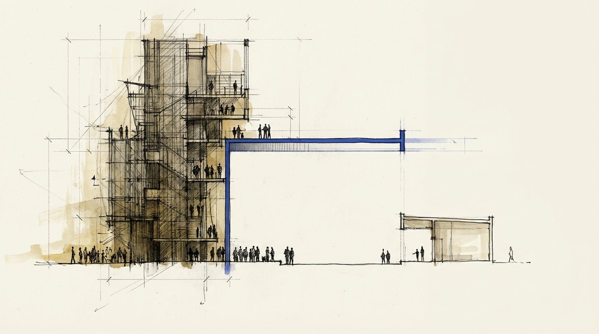 The failure studies measure firms far above yours Sketch of a tall crowded tower beside a small one-story building, a blue line from the tower passing above its roof.