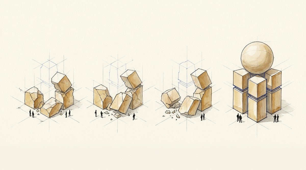 The project stands on money, time, people, and alignment at once Drawing of four stone assemblies: three collapsed in rubble beside faint blue outlines, one standing on four piers.