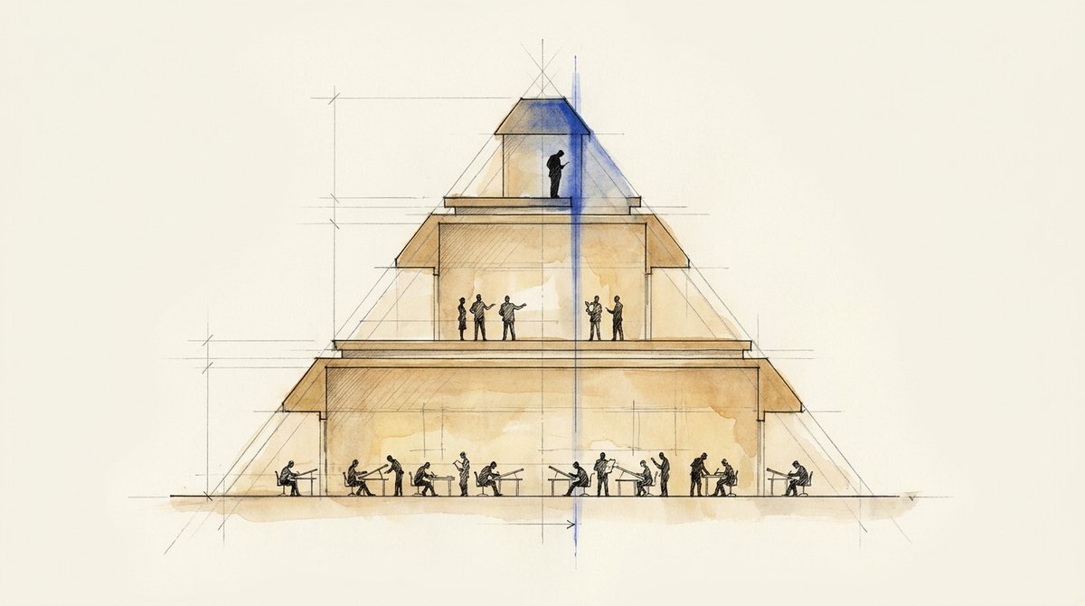 The pricing spread the pyramid was built to protect Cutaway drawing of a stepped pyramid building with workers at desks on the wide lower floor, fewer figures conferring on a middle floor, and one figure alone at the peak