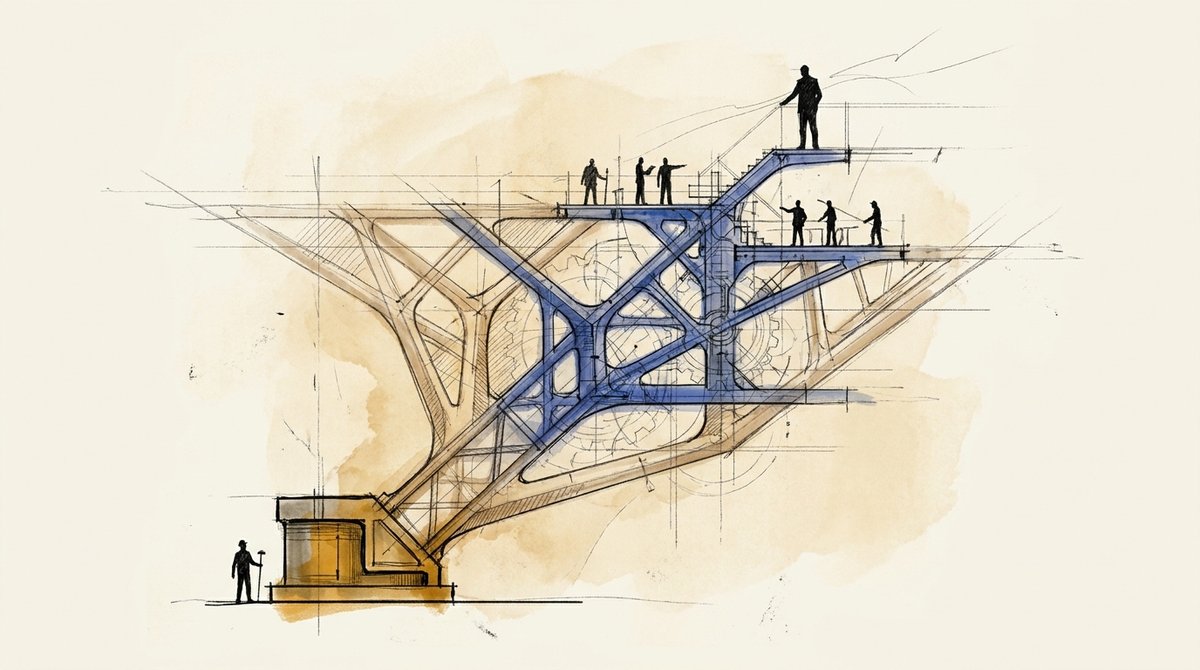 From producing the work to multiplying it Drawing of a branching structural truss rising from a single base, with figures standing at each fork directing the branches outward