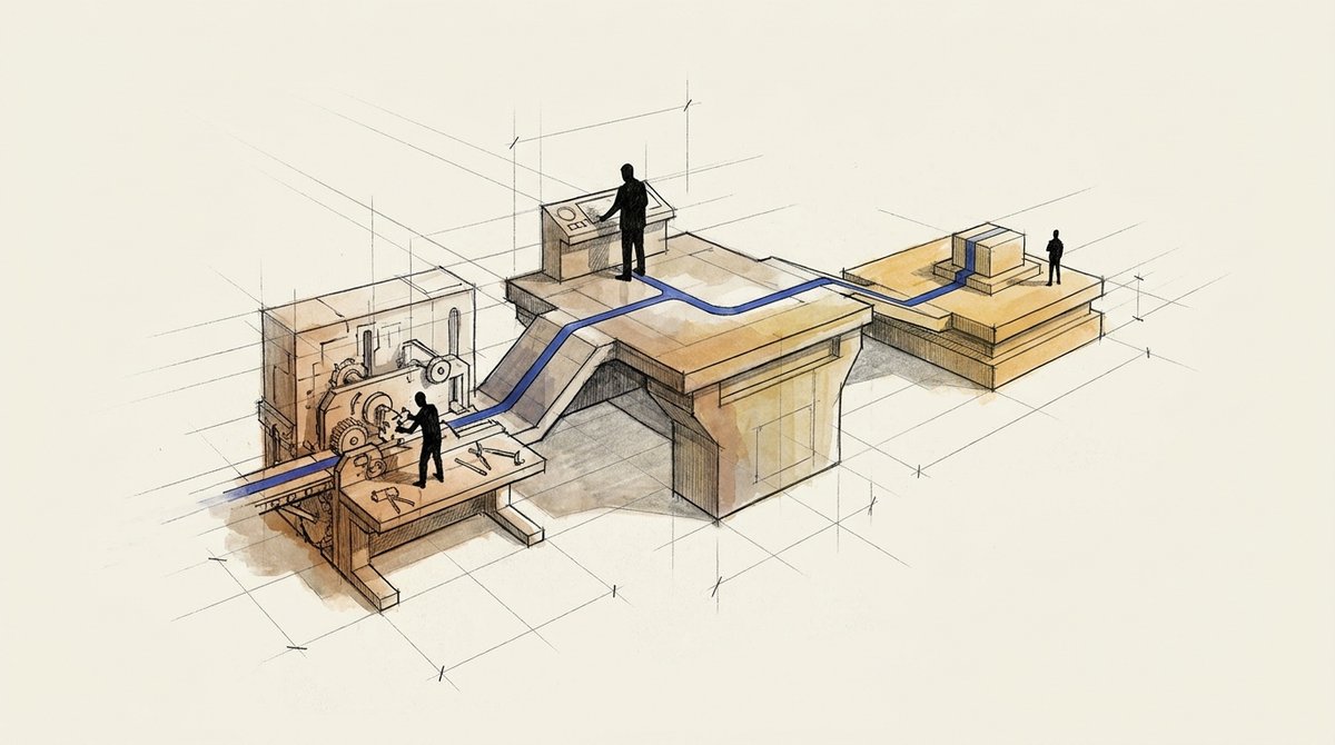 The middle band that runs the sort Drawing of a raised middle platform with a figure at a control panel, connected by a channel to a worker at machinery on one side and a distant figure on a stepped platform on the other