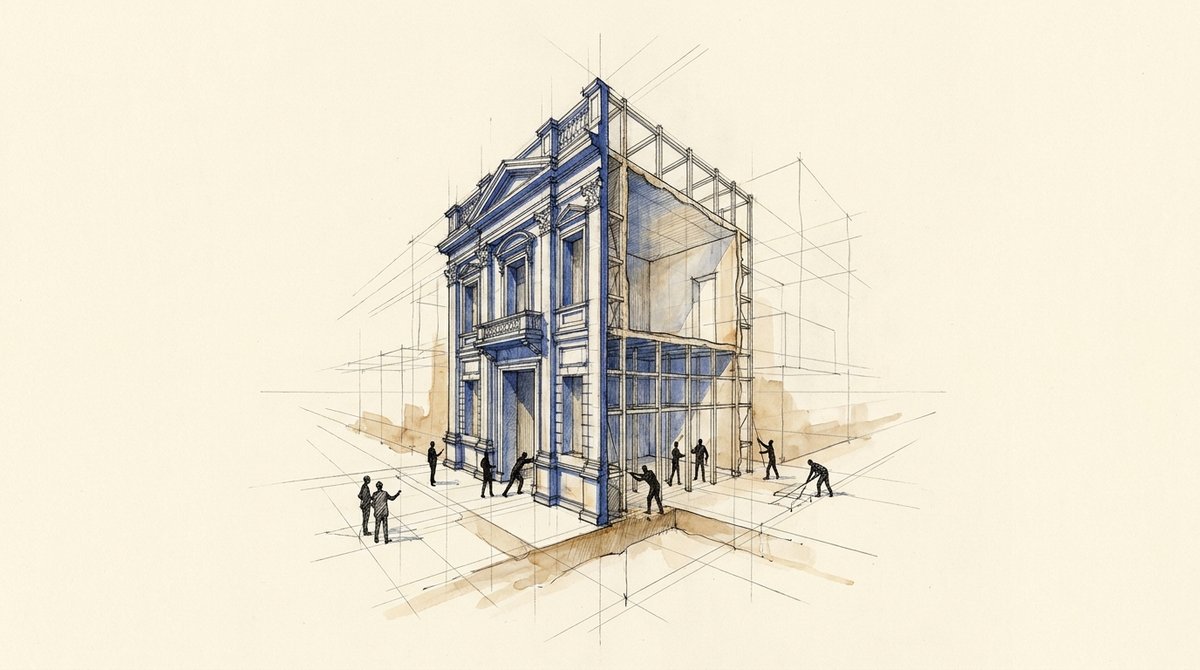 A finished facade with nothing built behind it Drawing of an ornate building facade under construction, its front elevation finished in detail while scaffolding reveals an empty, unfinished structure behind it