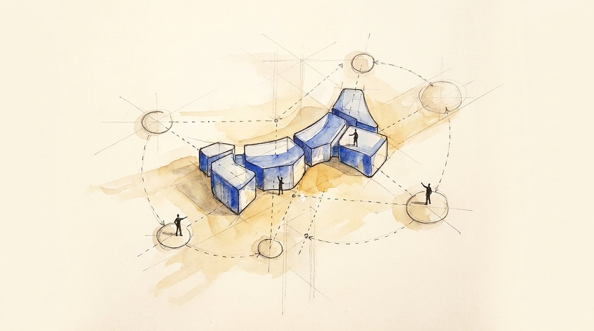 A workflow with people stationed at the decision points Drawing of a flowing modular structure with people stationed at distinct junction points along its path, each connected by arced lines