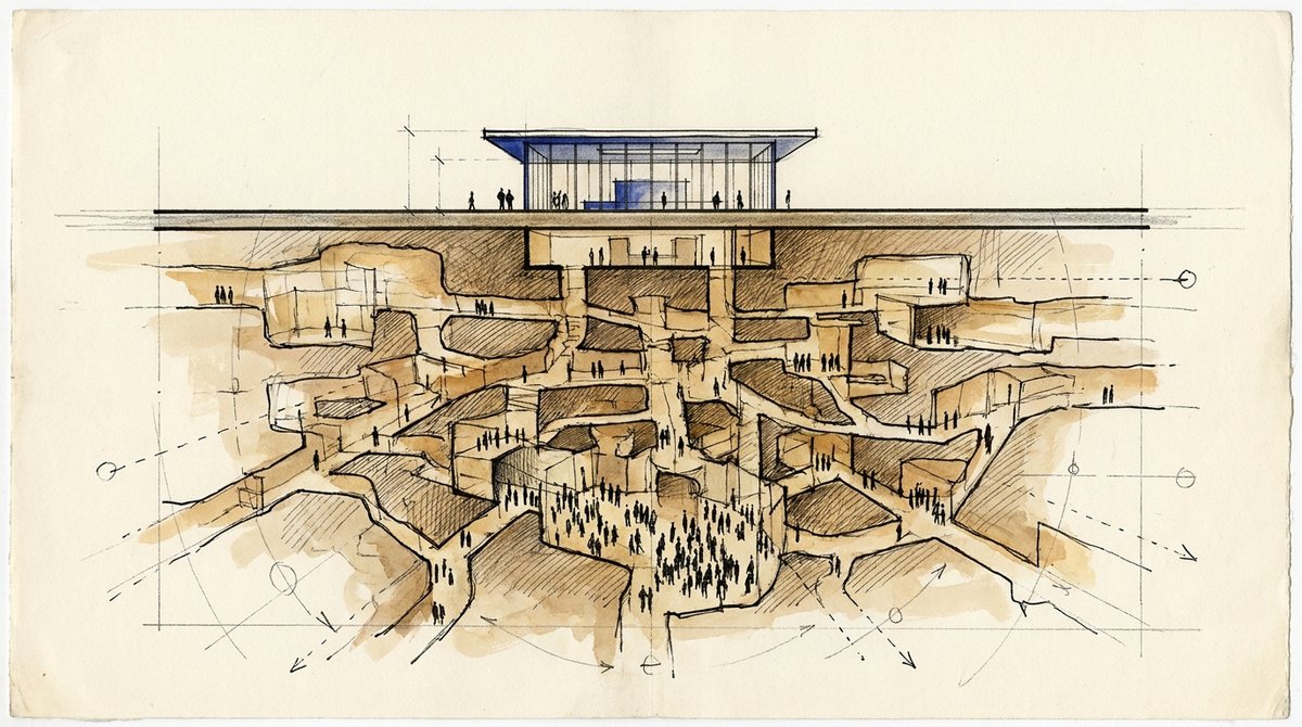 Cutaway drawing: a small glass building above ground sits over a vast, crowded underground network of tunnels