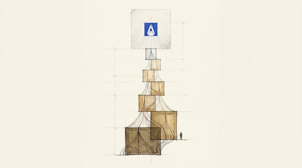 Drawing of small stacked blocks branching and widening as they cascade downward from a tiny blue mark at the top