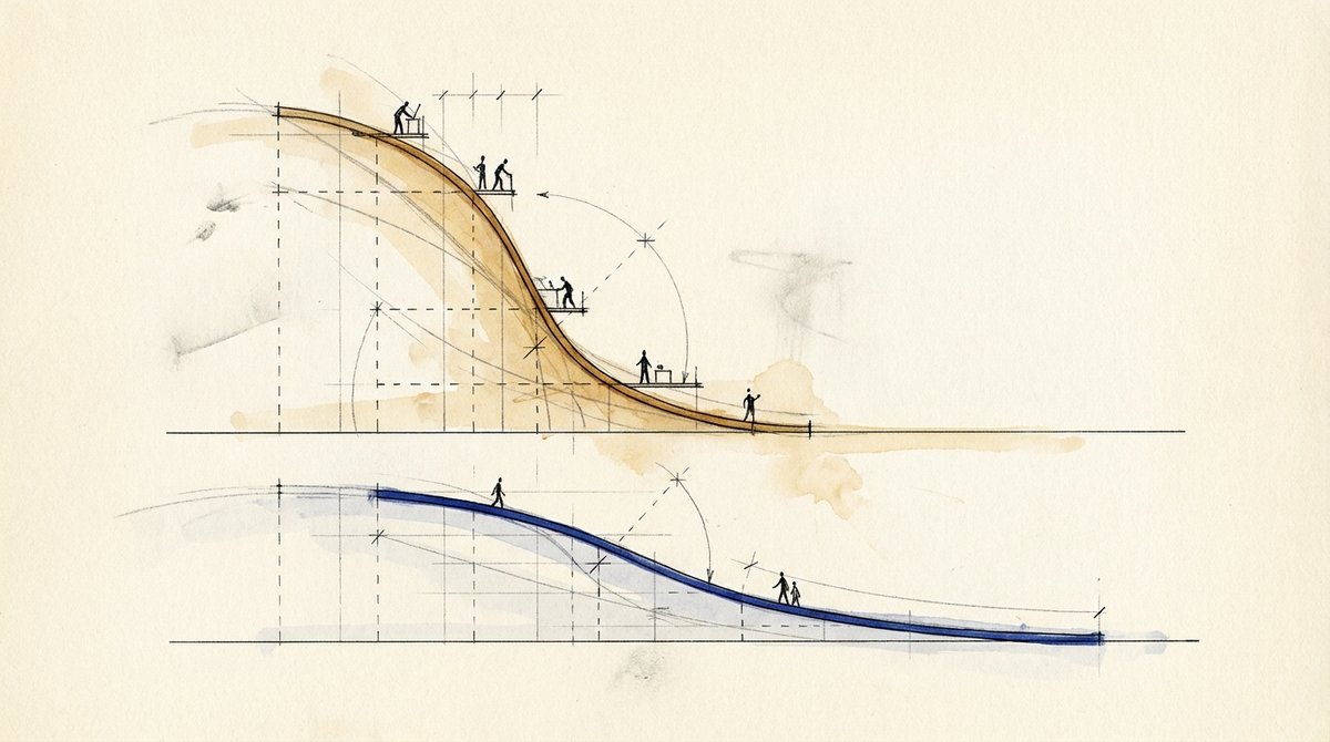 Two sloping curves, one ochre and one blue, descending at different rates with tiny figures walking along each